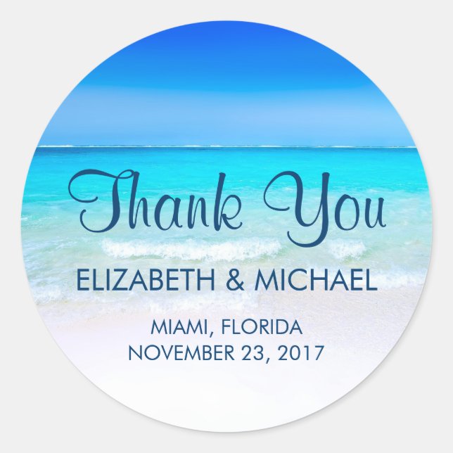 Tropical Beach with a Turquoise Sea Wedding Thanks Classic Round Sticker (Front)