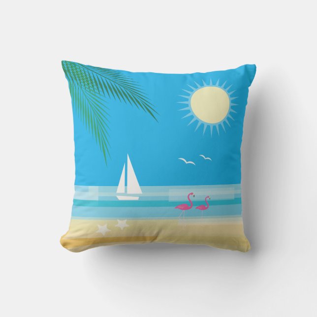Tropical Beach with Flamingos on Blue - Outdoor Cushion (Front)