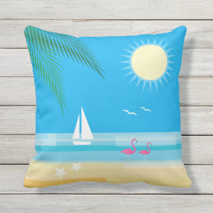 Tropical Beach with Flamingos on Blue - Outdoor Cushion