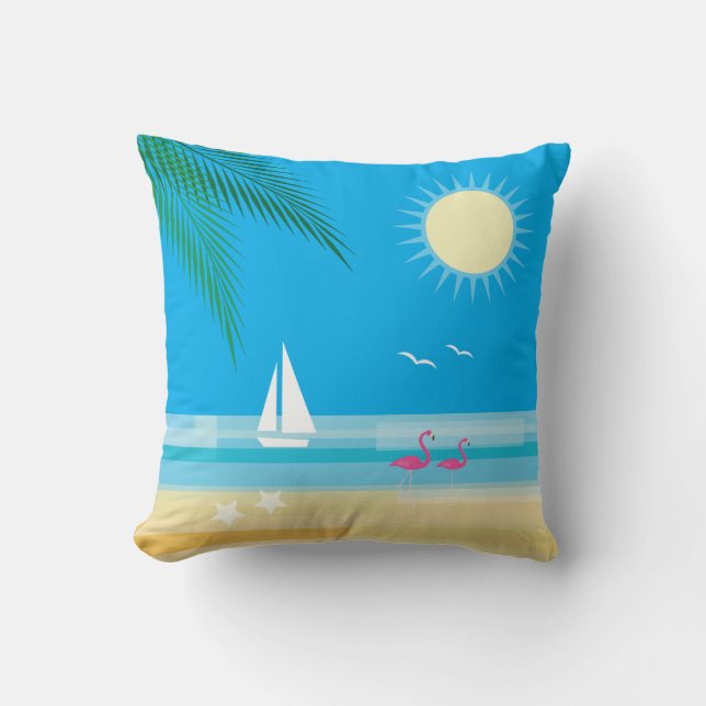 Tropical Beach with Flamingos on Blue Sky Cushion (Front)