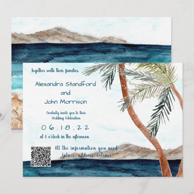 Tropical Beach with Lights Wedding Invitation (Front/Back)