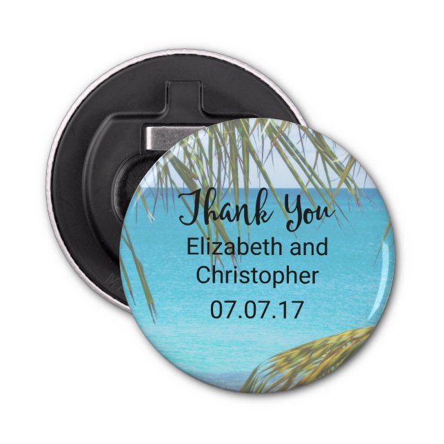 Tropical Beach with Palm Fronds Wedding Thanks Bottle Opener (Front)