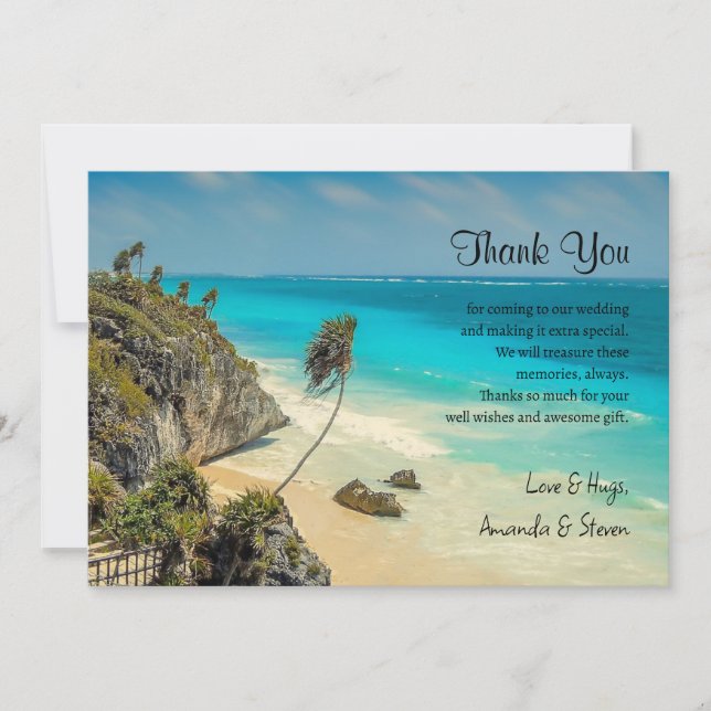 Tropical Beach with Palm Trees Wedding Thank You Card (Front)