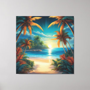 Tropical beach with palms canvas print