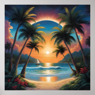 Tropical beach with palms poster