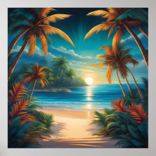 Tropical beach with palms poster