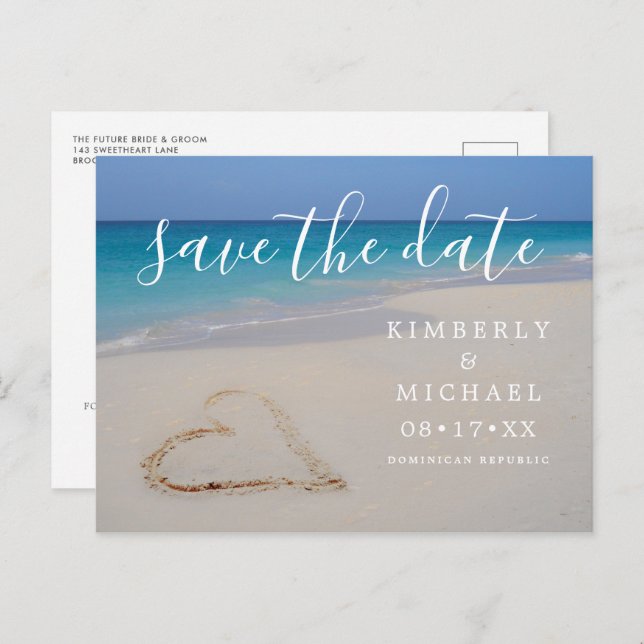 Tropical Beach with Sand Heart Save the Date Annou Announcement Postcard (Front/Back)
