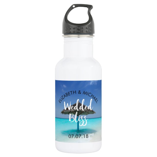Tropical Beach with Thatched Umbrella Wedding 532 Ml Water Bottle (Front)