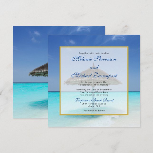 Tropical Beach with Thatched Umbrella Wedding Invitation (Front/Back)