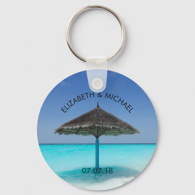 Tropical Beach with Thatched Umbrella Wedding Key Ring (Front)