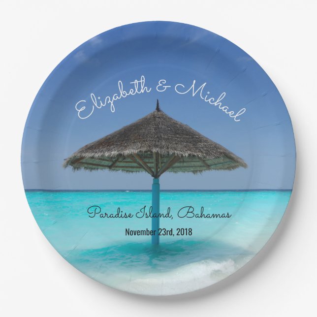 Tropical Beach with Thatched Umbrella Wedding Paper Plate (Front)