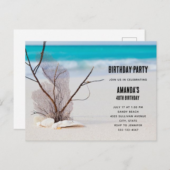 Tropical Beach with White Seashells Birthday Invitation Postcard (Front/Back)