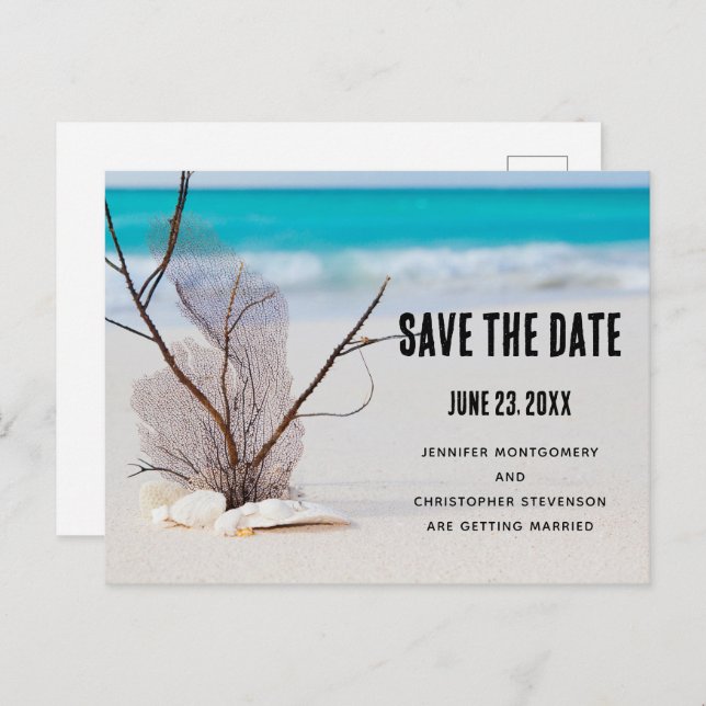 Tropical Beach with White Seashells Save the Date Invitation Postcard (Front/Back)