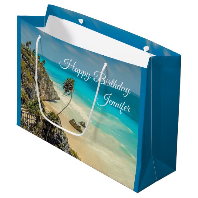 Tropical Beach with Wind Swept Palm Trees Birthday Large Gift Bag (Front Angled)