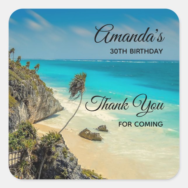 Tropical Beach with Wind Swept Palm Trees Birthday Square Sticker (Front)
