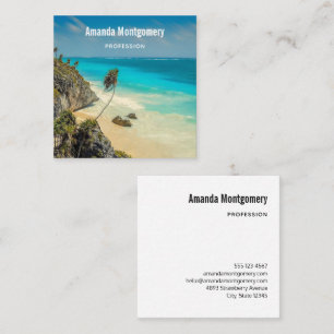 Tropical Beach with Wind Swept Palm Trees Square Business Card