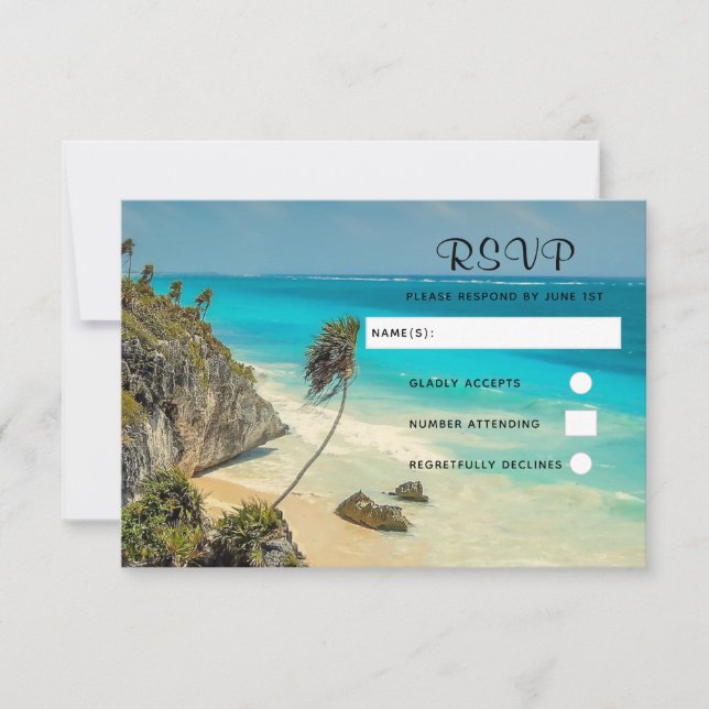 Tropical Beach with Wind Swept Palm Trees Wedding RSVP Card (Front)