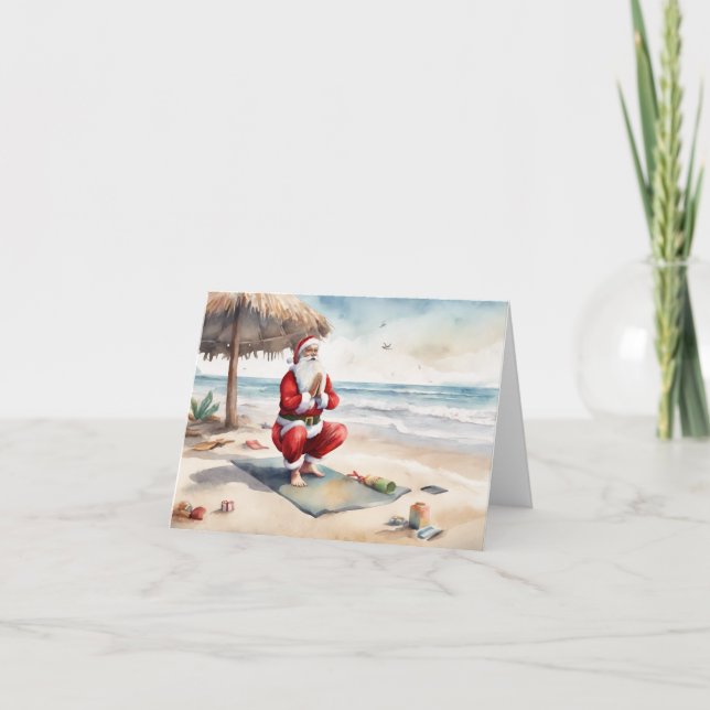Tropical Beach Yoga Santa  Holiday Card (Front)