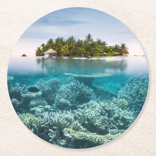 Tropical Beaches | Ari Atoll Maldives Round Paper Coaster (Front)