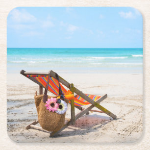 Tropical Beaches Beach Chair on Sand Square Paper Coaster