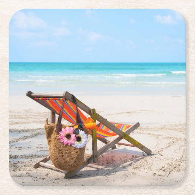 Tropical Beaches | Beach Chair on Sand Square Paper Coaster (Front)