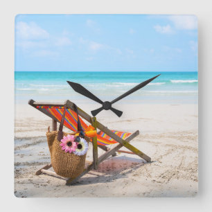 Tropical Beaches   Beach Chair on Sand Square Wall Clock