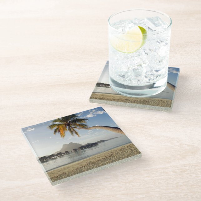 Tropical Beaches | Beach Huts, Bora Bora Glass Coaster (Angled)