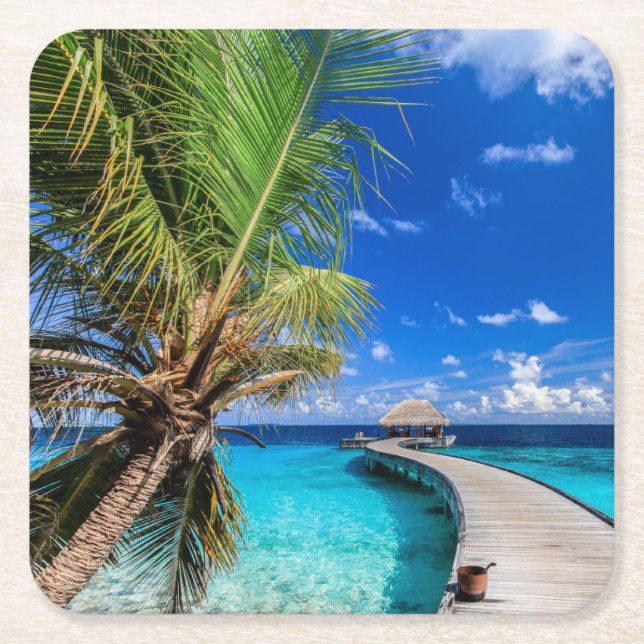 Tropical Beaches | Dusit Thani Maldives Square Paper Coaster (Front)