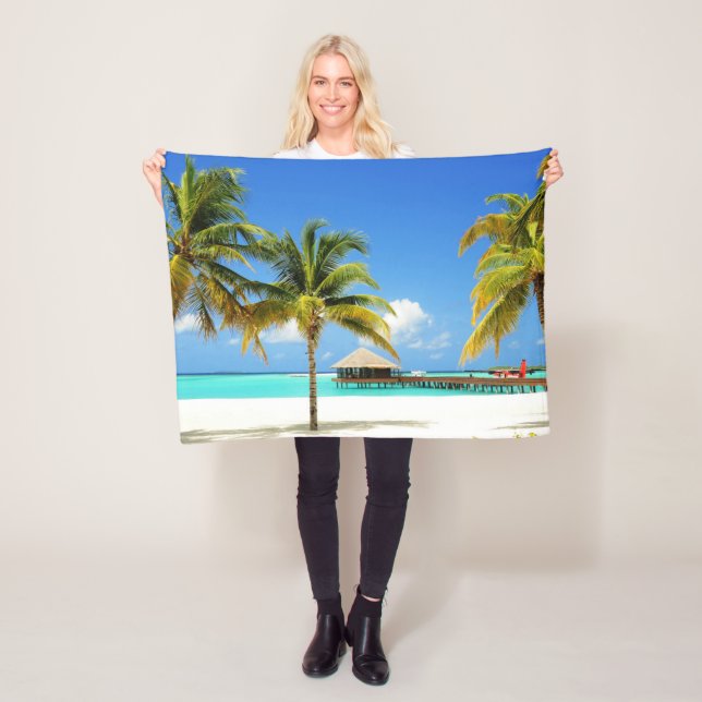 Tropical Beaches | Island & Lagoon, Maldives Fleece Blanket (In Situ)