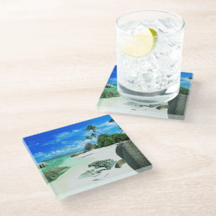 Tropical Beaches   La Digue Island Glass Coaster