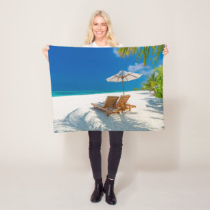 Tropical Beaches   Lounge Chairs Beach, Bora Bora Fleece Blanket