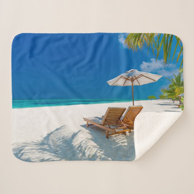 Tropical Beaches | Lounge Chairs Beach, Bora Bora Sherpa Blanket (Front (Horizontal))