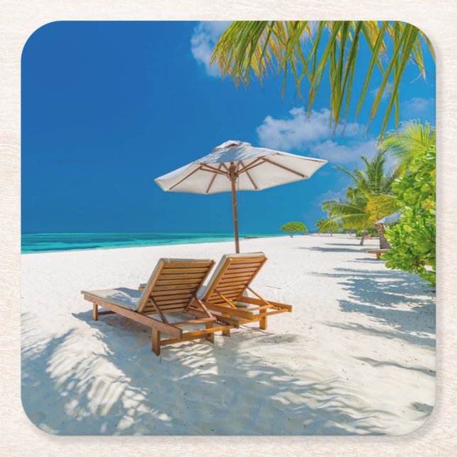Tropical Beaches | Lounge Chairs Beach, Bora Bora Square Paper Coaster (Front)