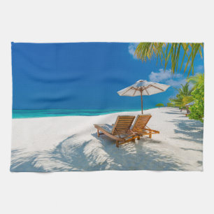 Tropical Beaches   Lounge Chairs Beach, Bora Bora Tea Towel