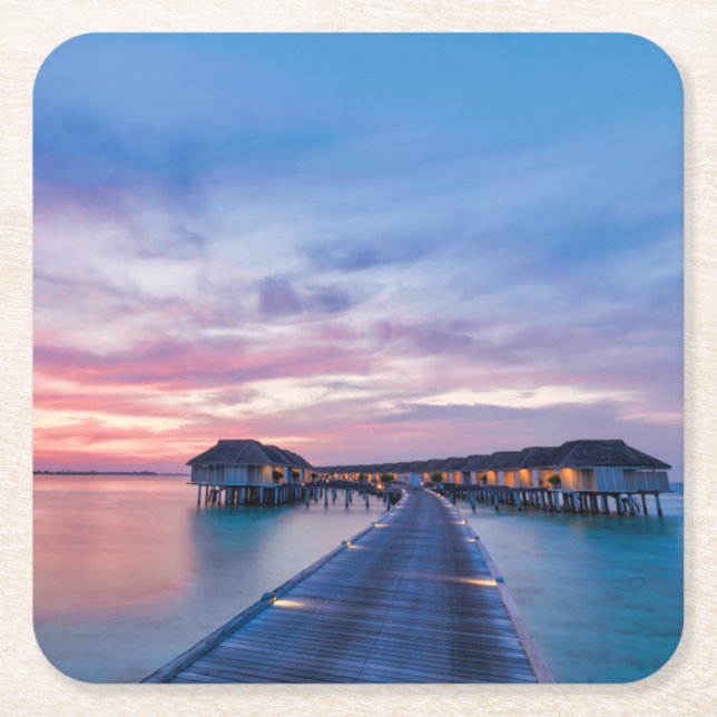 Tropical Beaches | Maldives Bungalows Square Paper Coaster (Front)