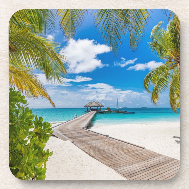 Tropical Beaches | Maldives Island Wooden Jetty Coaster (Front)
