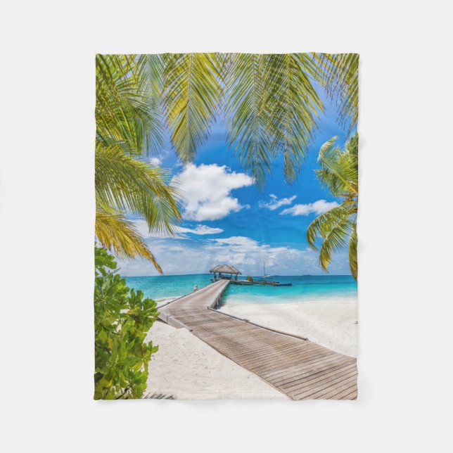 Tropical Beaches | Maldives Island Wooden Jetty Fleece Blanket (Front)