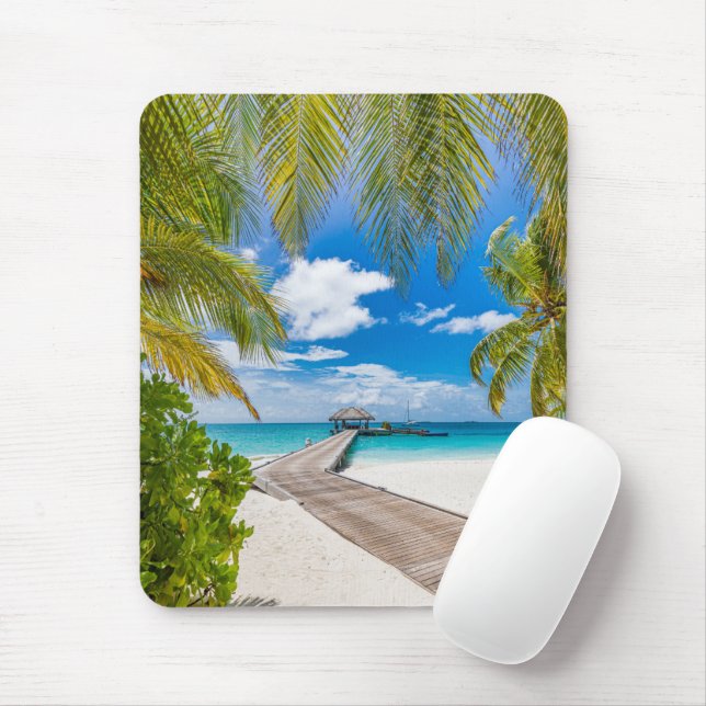 Tropical Beaches | Maldives Island Wooden Jetty Mouse Mat (With Mouse)