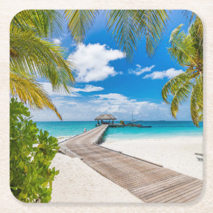 Tropical Beaches   Maldives Island Wooden Jetty Square Paper Coaster