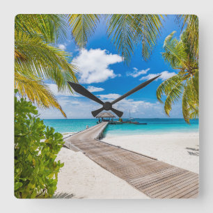Tropical Beaches   Maldives Island Wooden Jetty Square Wall Clock