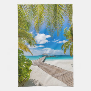 Tropical Beaches   Maldives Island Wooden Jetty Tea Towel