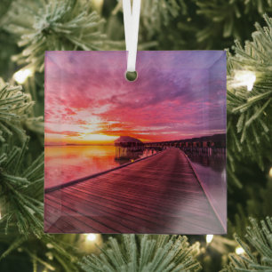 Tropical Beaches Maldives Sunset Glass Tree Decoration