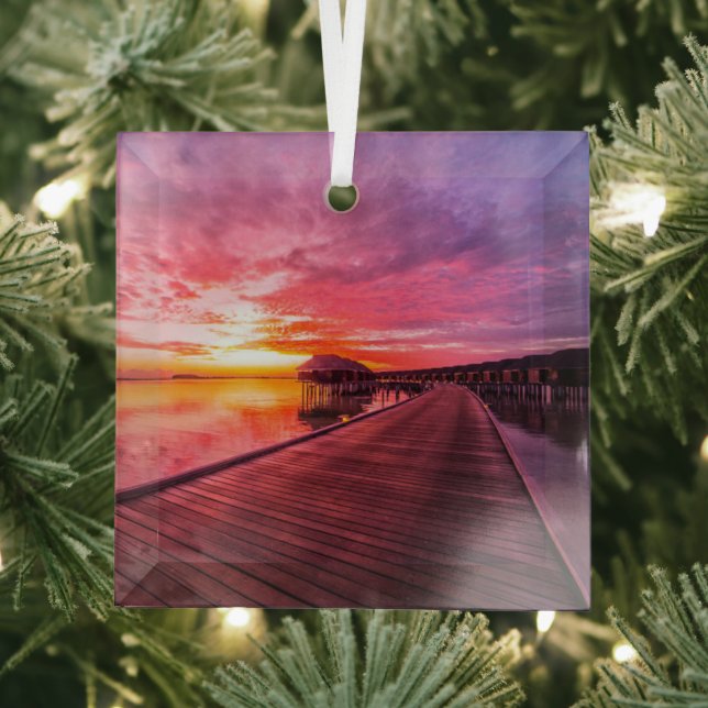 Tropical Beaches |  Maldives Sunset Glass Tree Decoration (Insitu)