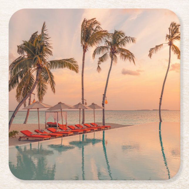 Tropical Beaches | Maldives Tropical Beach & Pool Square Paper Coaster (Front)