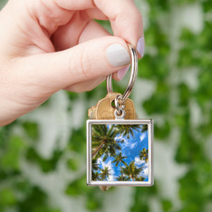 Tropical Beaches Palm Trees on Blue Sky Key Ring