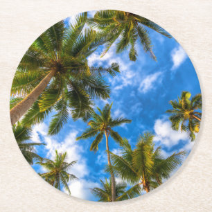 Tropical Beaches Palm Trees on Blue Sky Round Paper Coaster