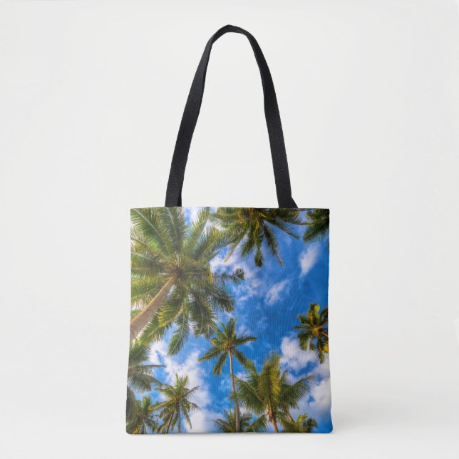 Tropical Beaches | Palm Trees on Blue Sky Tote Bag (Front)