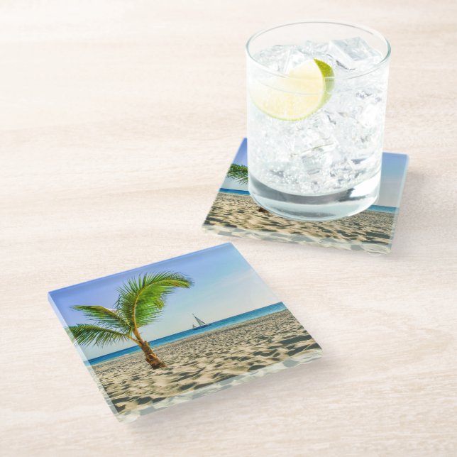Tropical Beaches | Sailboat, Palm Tree, Aruba Glass Coaster (Angled)