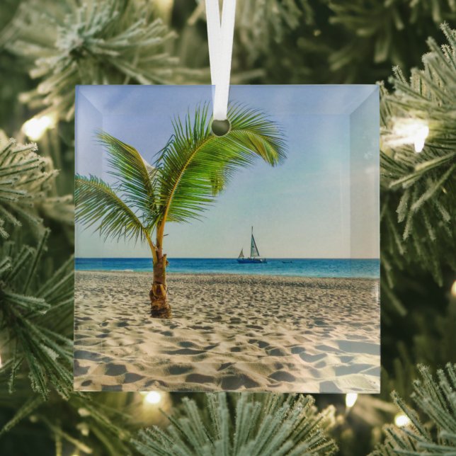 Tropical Beaches | Sailboat, Palm Tree, Aruba Glass Tree Decoration (Insitu)