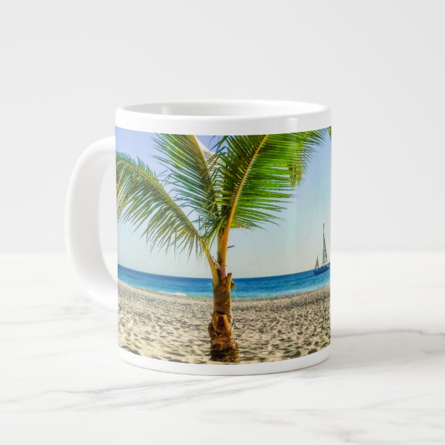 Tropical Beaches | Sailboat, Palm Tree, Aruba Large Coffee Mug (Front Left)